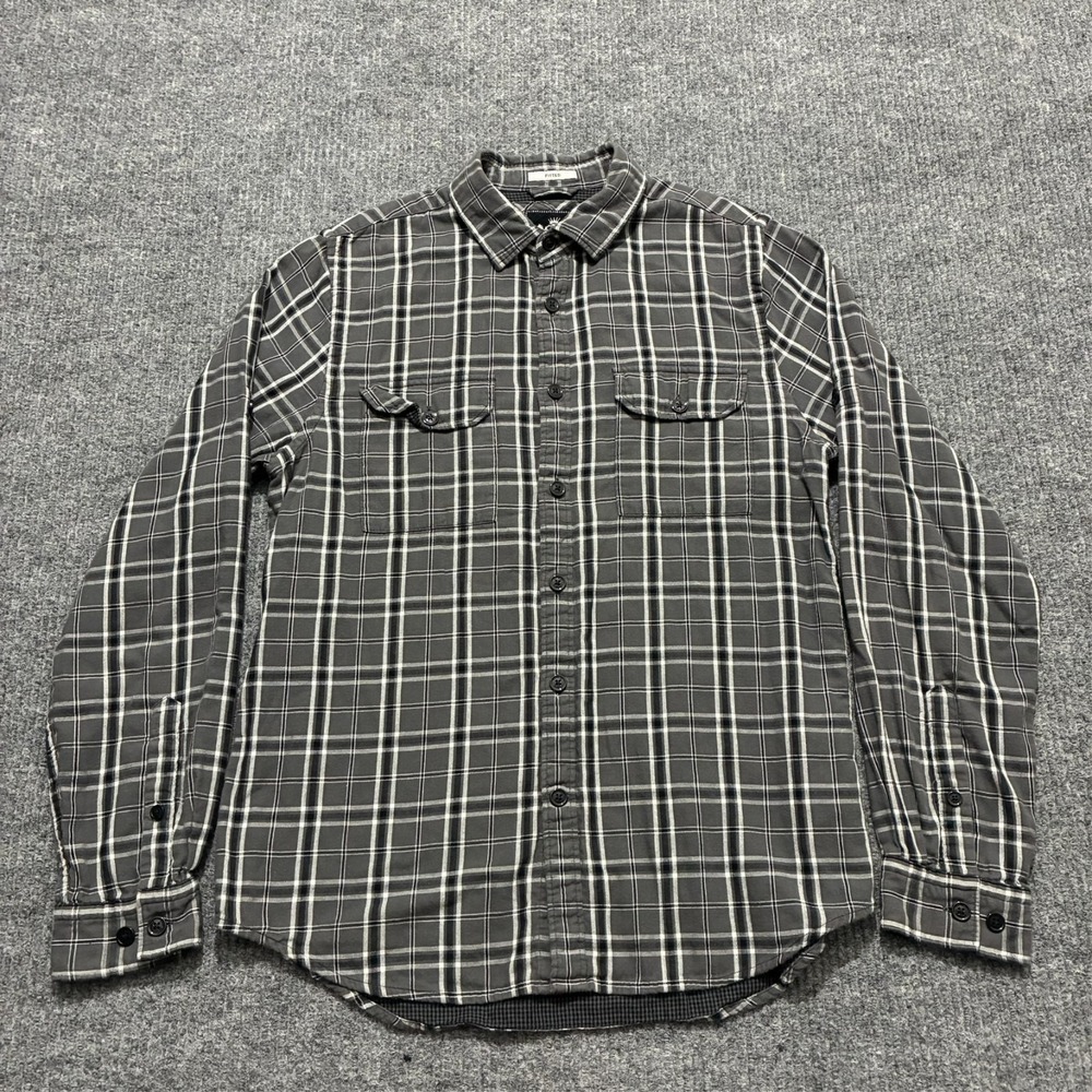 Express Fitted Mens Button‎ Up Shirt Size Medium Gray Plaid Pockets Long Sleeve